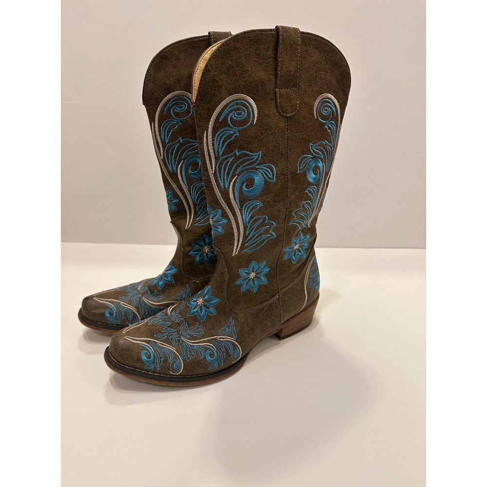 ILUV Brown Suede Western Cowboy Boots Turquoise Floral Embroidery‎ Women Size 9